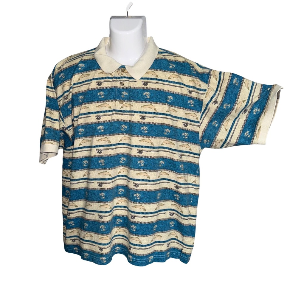 Wrangler Rugged Wear Polo Shirt Mens Lg Blue Fishing Trout Striped Outdoor Vtg